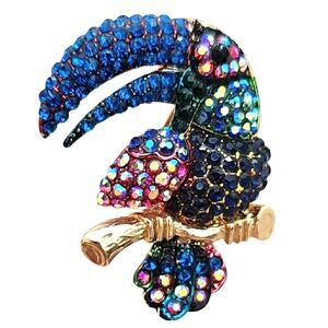 Multicolored Crystal Encrusted Tropical Toucan Bird Brooch Bling Bling Beautiful